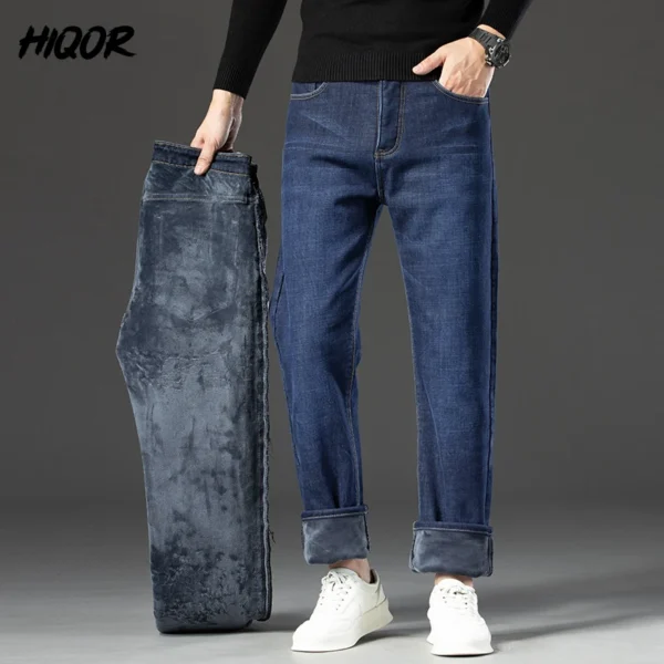 Hiqor-جينز صوفي سميك للرجال ، بنطلون مستقيم ، عمل ، كاجوال ، كلاسيكي ، أزرق ، أسود ، عمل ، بنطلون جينز ، رجل ، شتاء