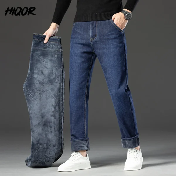 Hiqor-جينز صوفي سميك للرجال ، بنطلون مستقيم ، عمل ، كاجوال ، كلاسيكي ، أزرق ، أسود ، عمل ، بنطلون جينز ، رجل ، شتاء