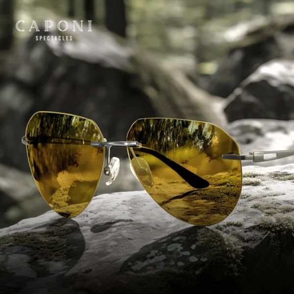 CAPONI اللونية البني الأصفر النظارات الشمسية سبائك التيتانيوم بدون شفة نظارات شمسية الطيار للرؤية الليلية خفيفة للغاية نظارات BSYS22003