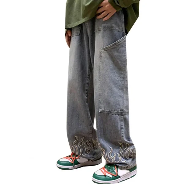 سراويل جينز للرجال بنمط شعلة ، جينز غير رسمي بجيوب كبيرة ، مستقيم ، بنطال بساق واسعة ، شارع مرتفع ، جينز للرجال بالأسى