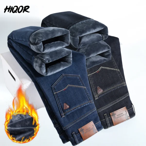 Hiqor-جينز صوفي سميك للرجال ، بنطلون مستقيم ، عمل ، كاجوال ، كلاسيكي ، أزرق ، أسود ، عمل ، بنطلون جينز ، رجل ، شتاء