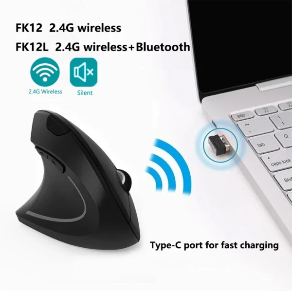 ماوس عمودي مريح Warvank FK12 قابل لإعادة الشحن، يعمل بتقنية 2.4G، سلكي وصامت، مناسب لأجهزة الكمبيوتر المحمولة وأجهزة الكمبيوتر المكتبية.